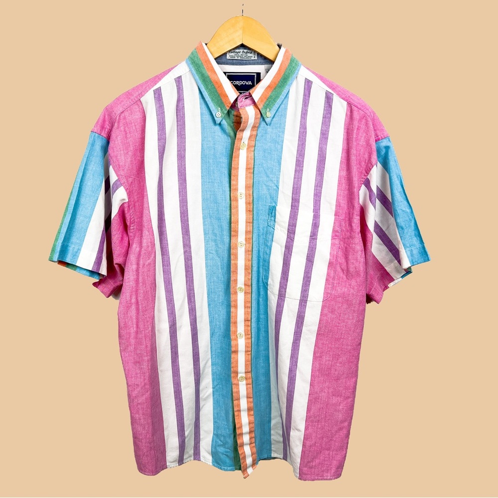 Vintage color block stripe shirt sleeve cotton button down shirt size large